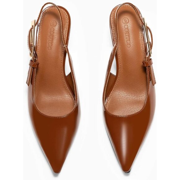 Women's Brown Slingback Kitten Heels Closed Pointed Toe Pumps Buckle Strap - Picture 5 of 6